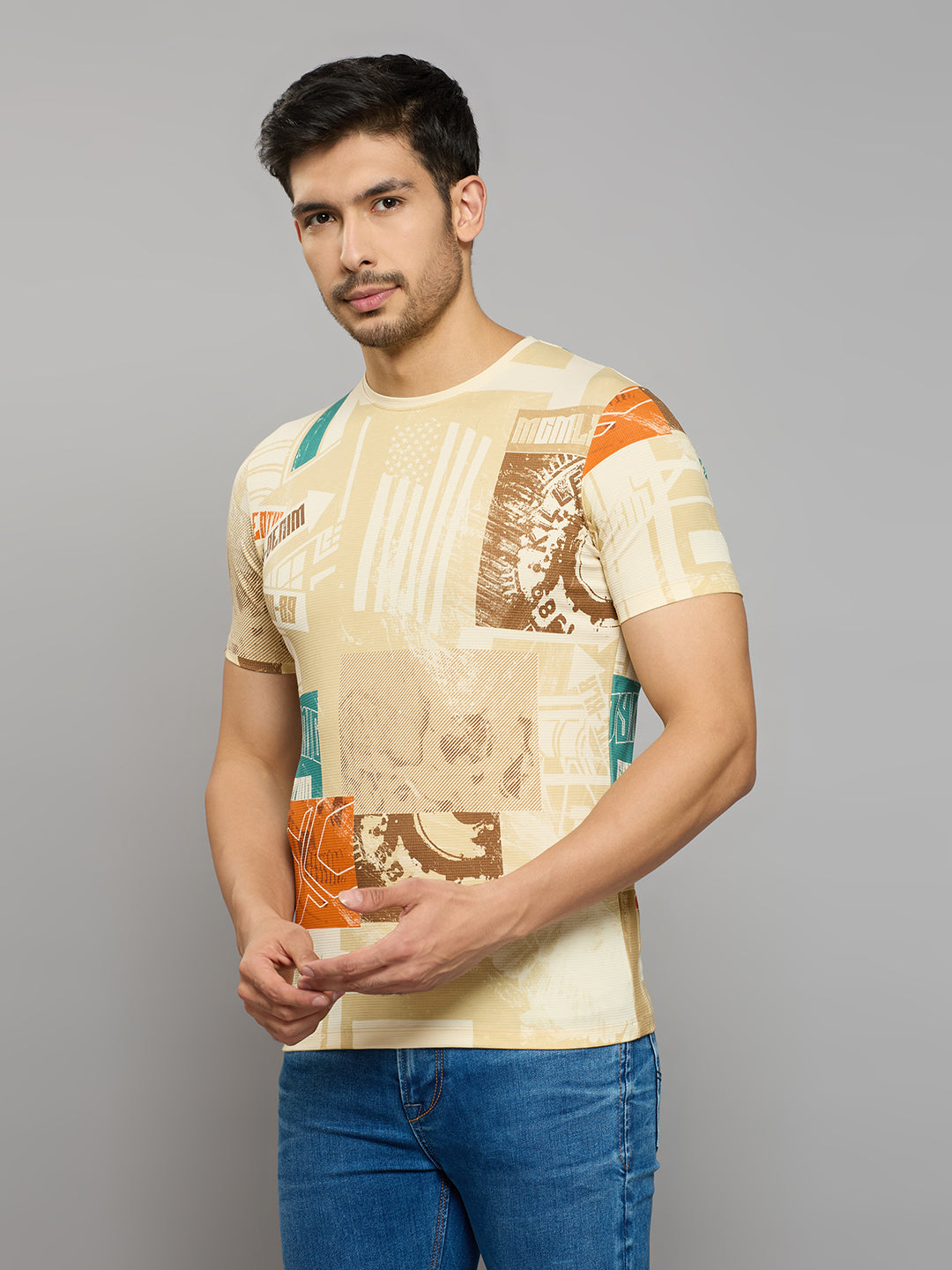 Men's Beige Printed Slim Fit T-Shirts