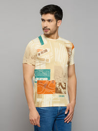 Men's Beige Printed Slim Fit T-Shirts