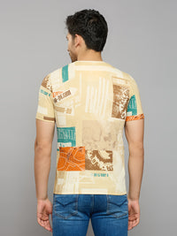 Men's Beige Printed Slim Fit T-Shirts