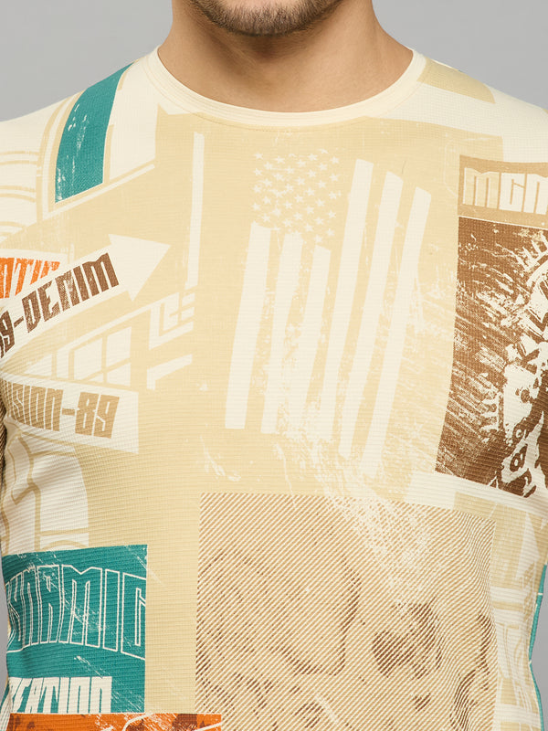Men's Beige Printed Slim Fit T-Shirts