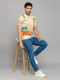 Men's Beige Printed Slim Fit T-Shirts