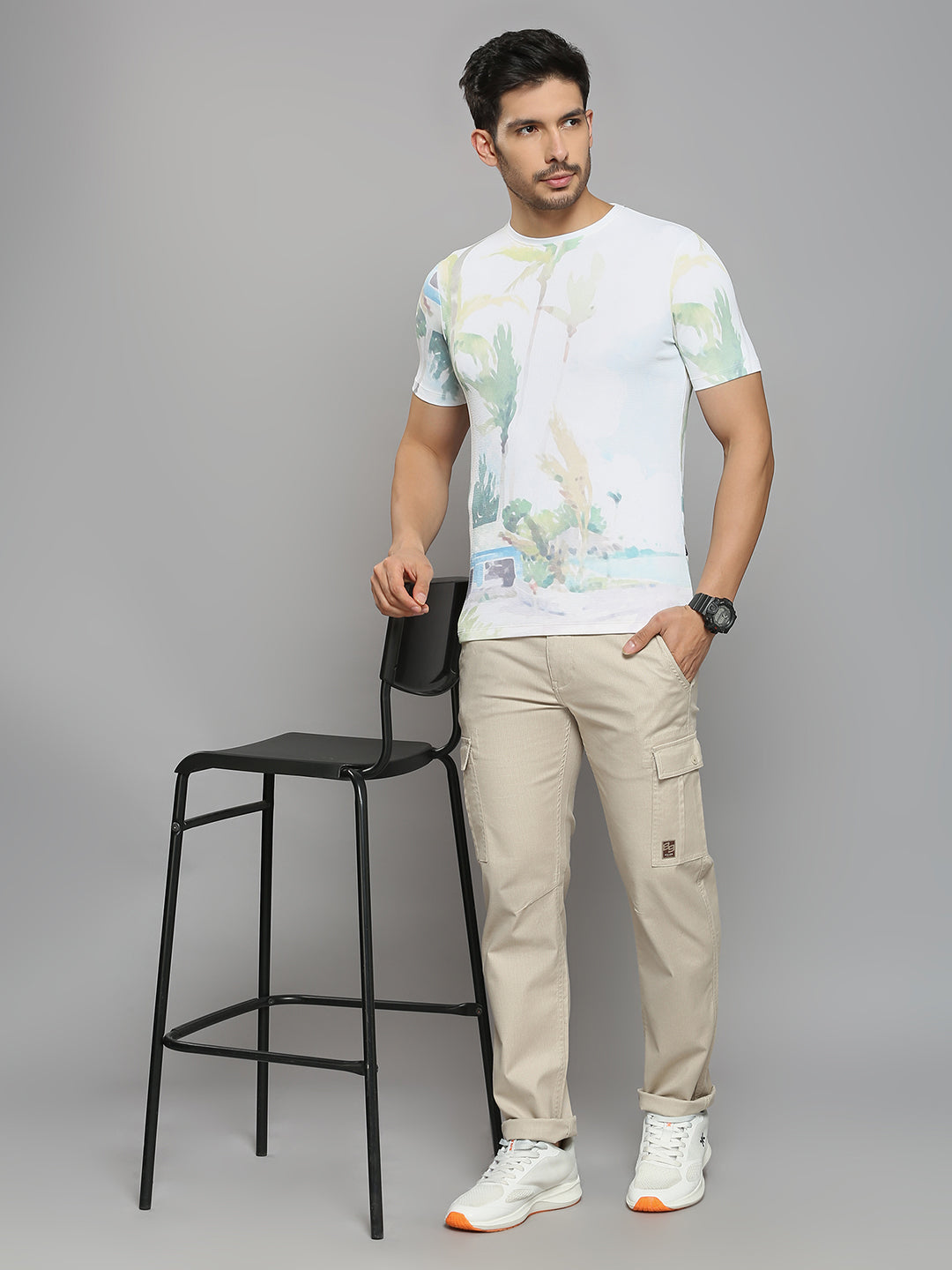 Men's Off White Printed Slim Fit T-Shirts