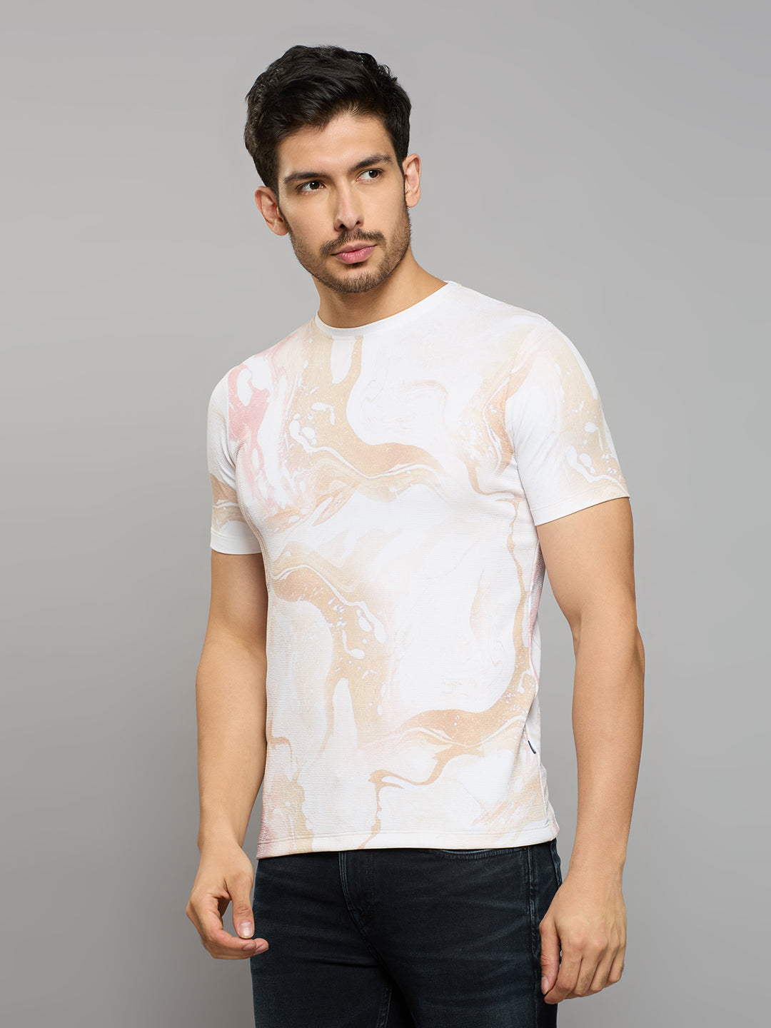 Men's Beige Printed Slim Fit T-Shirts