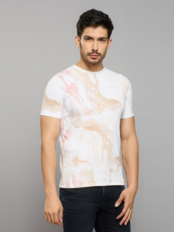 Men's Beige Printed Slim Fit T-Shirts