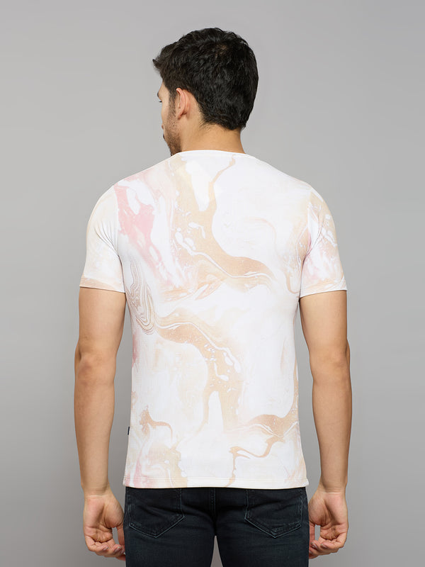 Men's Beige Printed Slim Fit T-Shirts