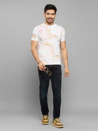 Men's Beige Printed Slim Fit T-Shirts
