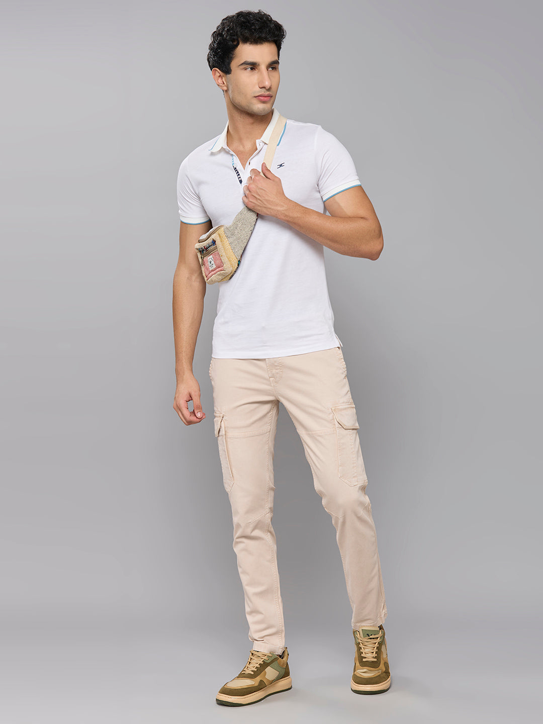 Men's Cream Solid Cargo
