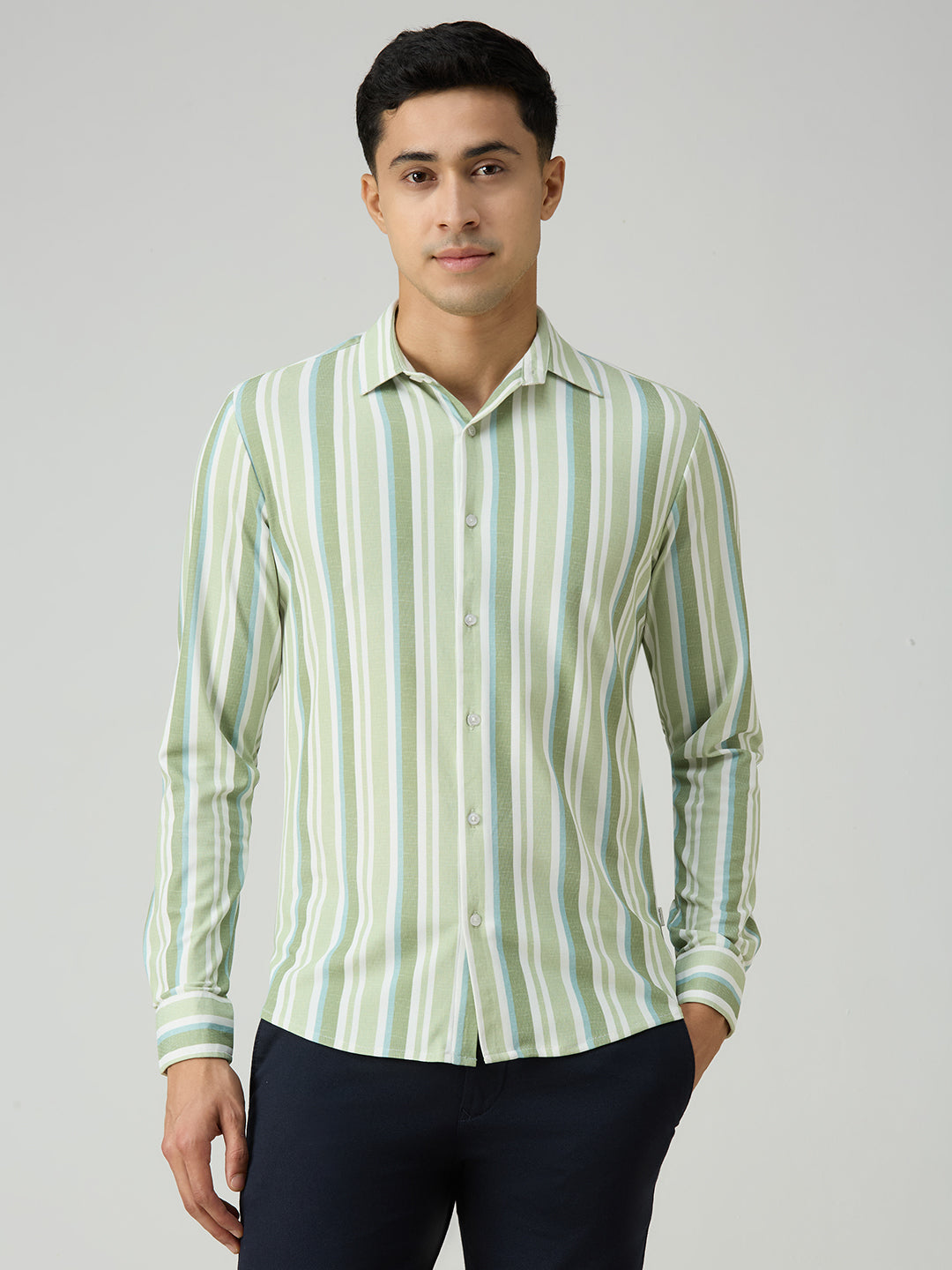 Men's Sage Green Striped Slim Fit Shirts