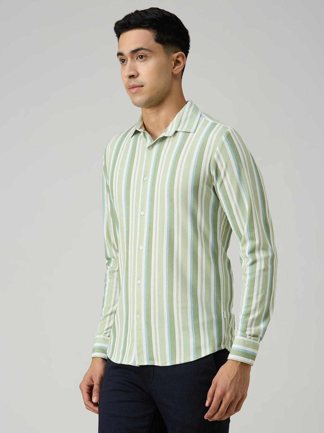Men's Sage Green Striped Slim Fit Shirts