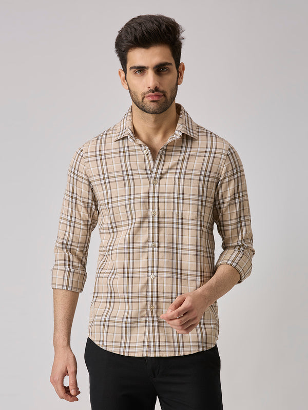 Men's Beige Checks Slim Fit Shirts