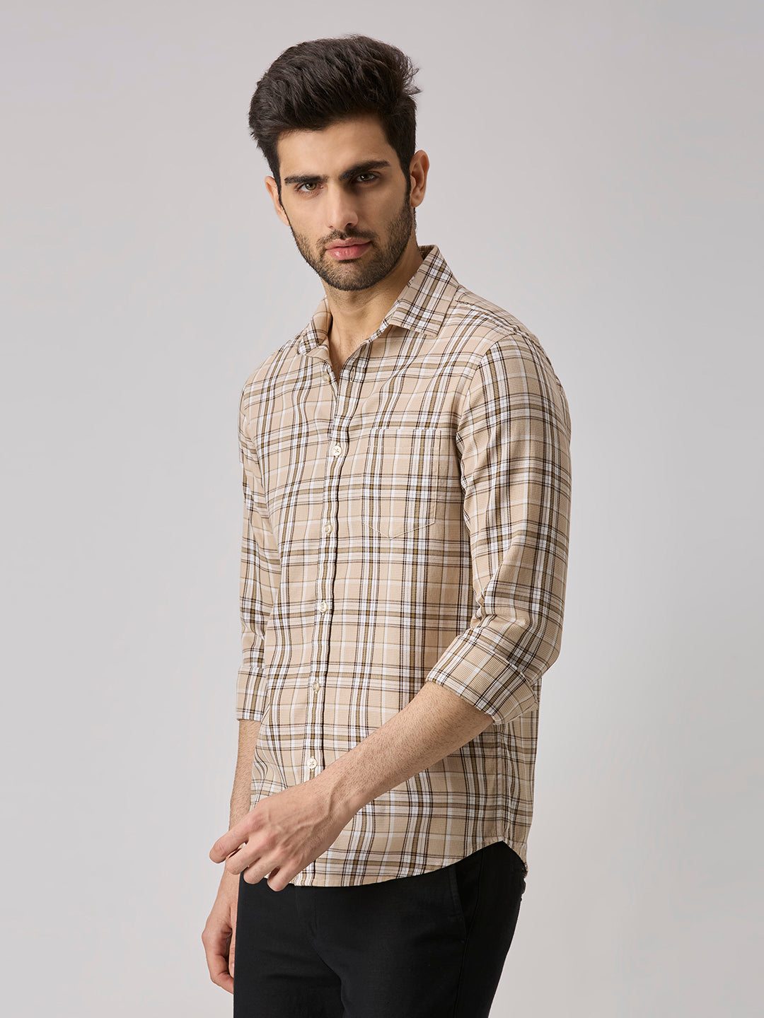 Men's Beige Checks Slim Fit Shirts