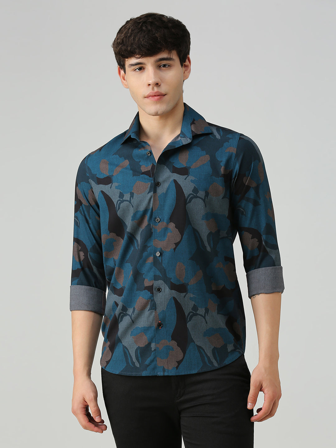 Men's Teal Printed Slim Fit Shirts