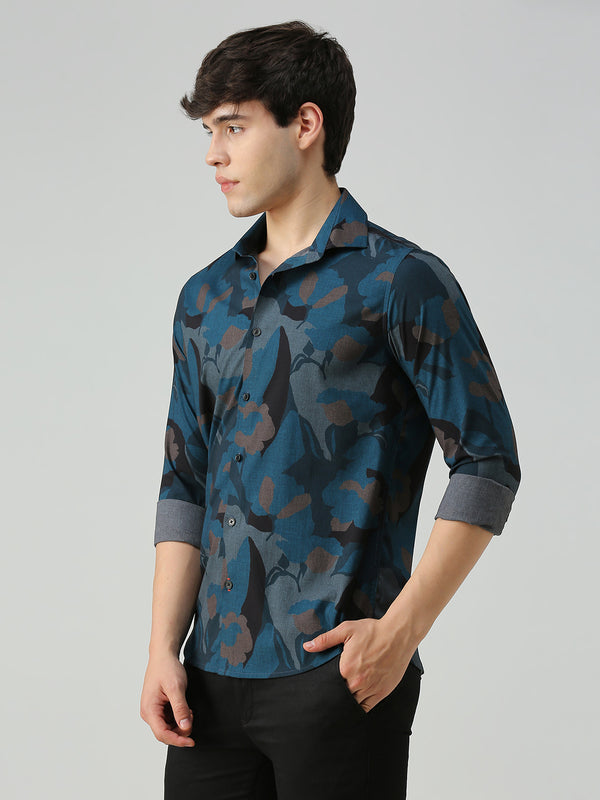 Men's Teal Printed Slim Fit Shirts