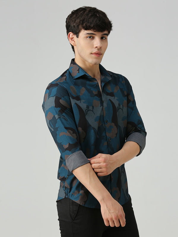 Men's Teal Printed Slim Fit Shirts