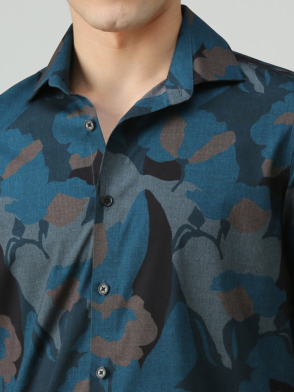 Men's Teal Printed Slim Fit Shirts