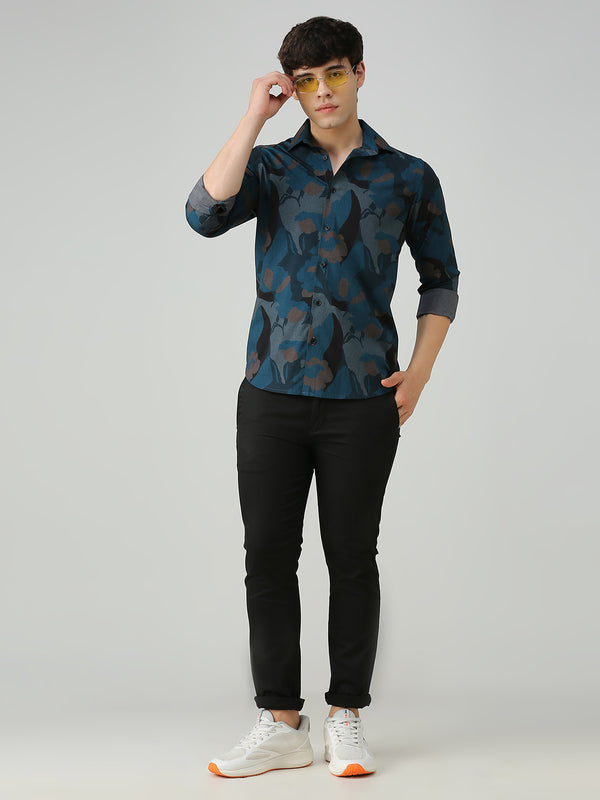 Men's Teal Printed Slim Fit Shirts