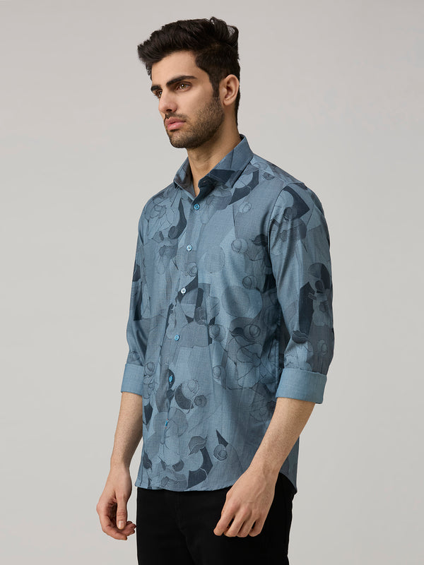 Men's Blue Printed Slim Fit Shirts