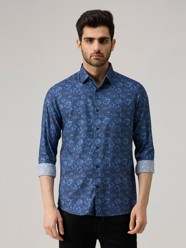 Men's Blue Printed Slim Fit Shirts