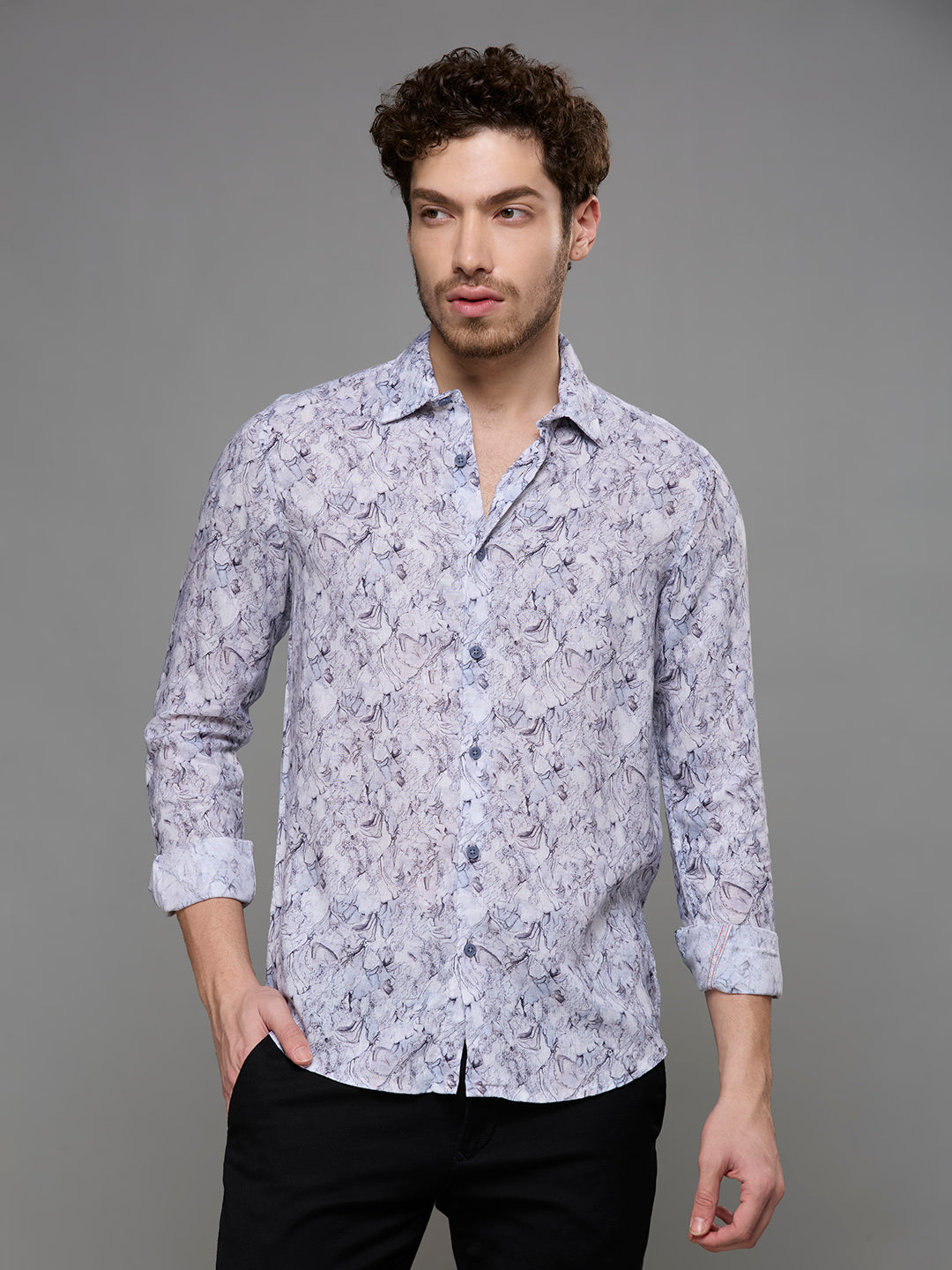 Men's Grey Printed Slim Fit Shirts