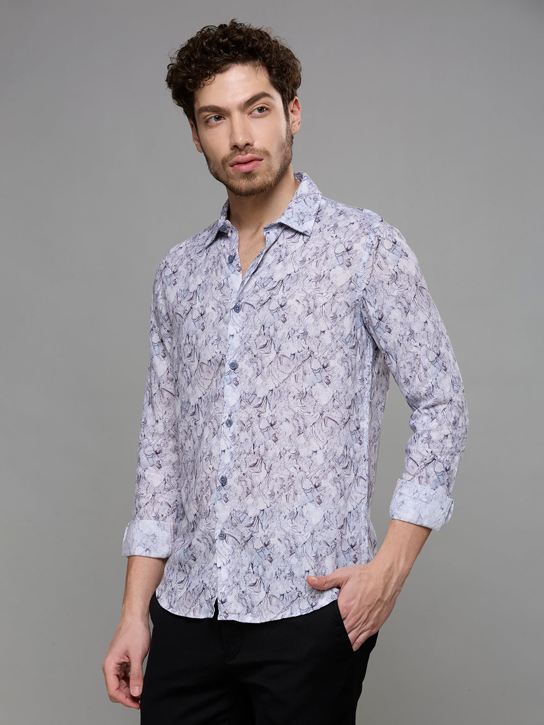 Men's Grey Printed Slim Fit Shirts