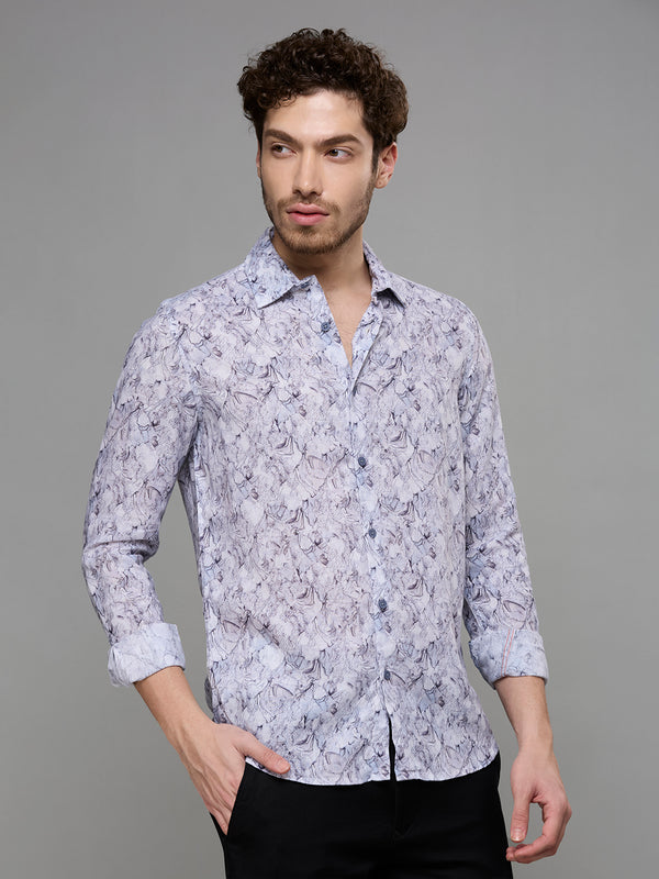 Men's Grey Printed Slim Fit Shirts