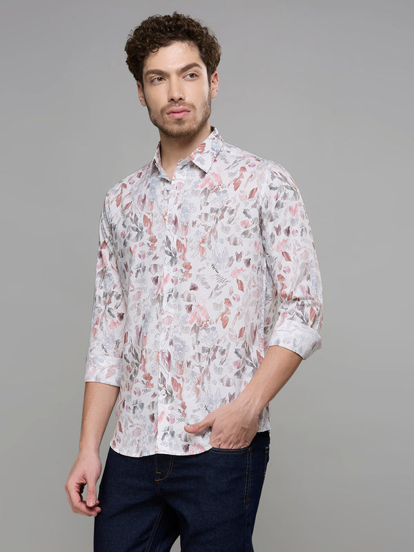 Men's White Printed Slim Fit Shirts