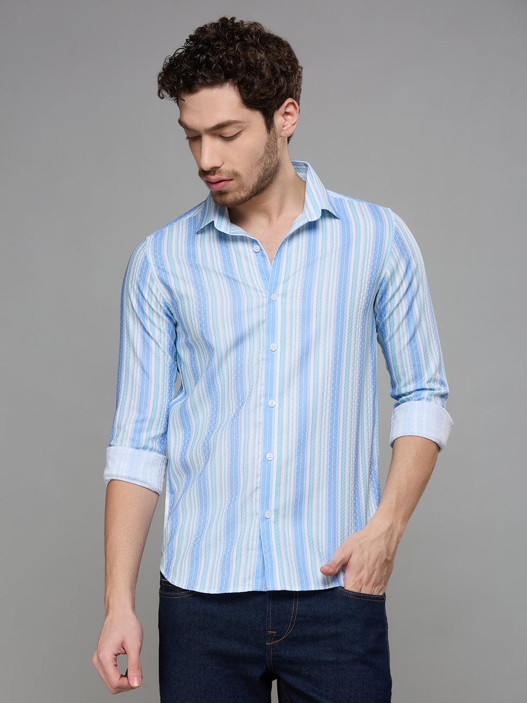 Men's Light Blue Striped Slim Fit Shirts