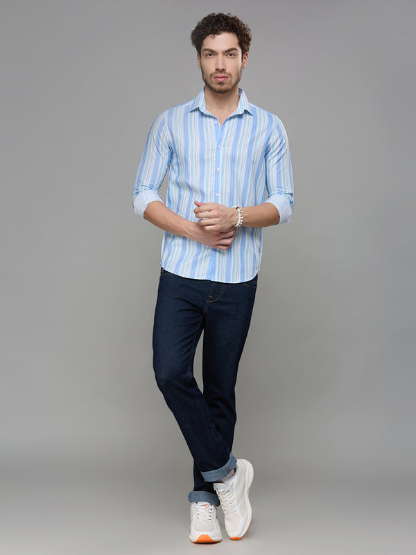 Men's Light Blue Striped Slim Fit Shirts