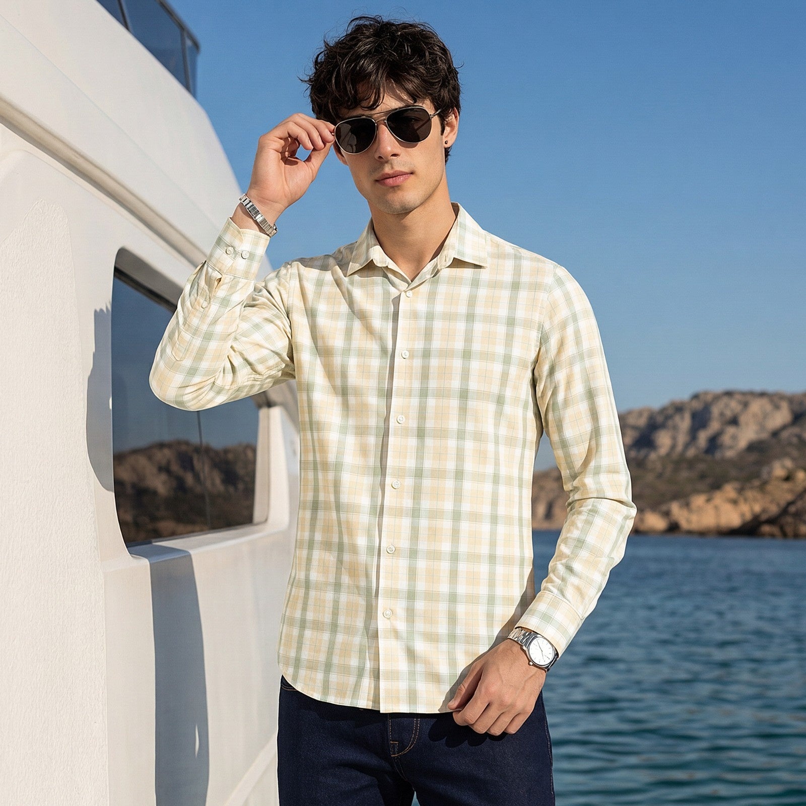 Men's Yellow Checks Slim Fit Shirts