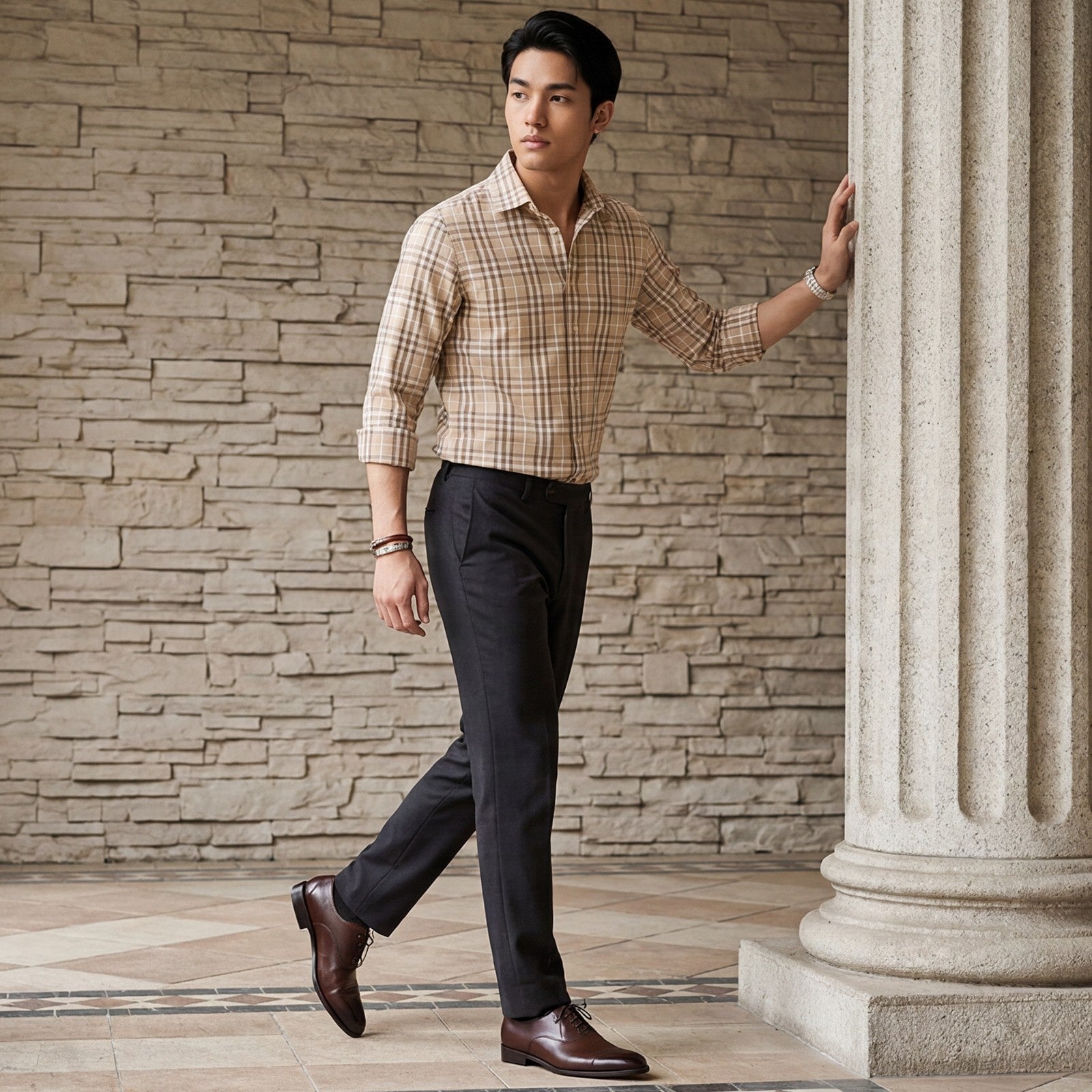 Men's Beige Checks Slim Fit Shirts