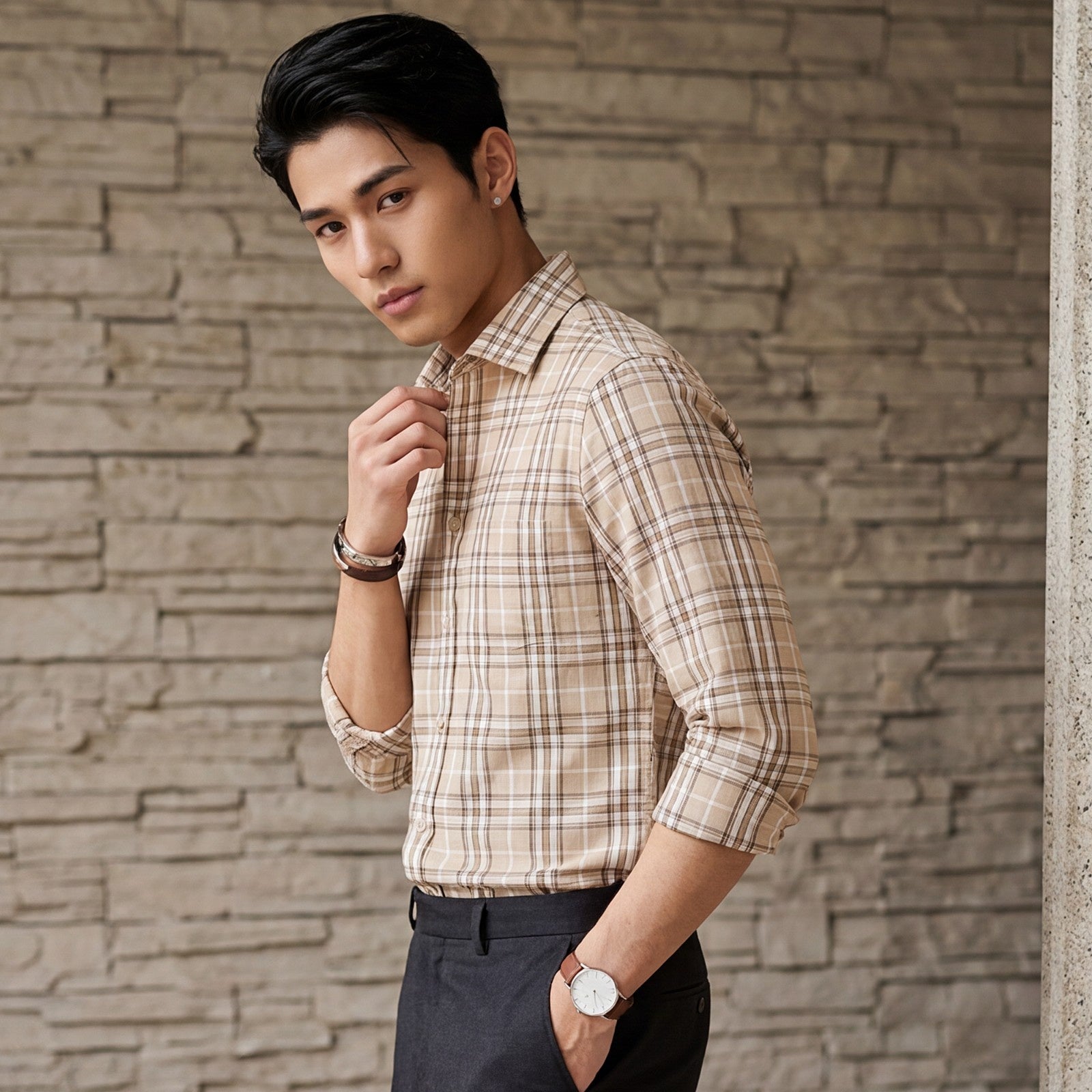Men's Beige Checks Slim Fit Shirts
