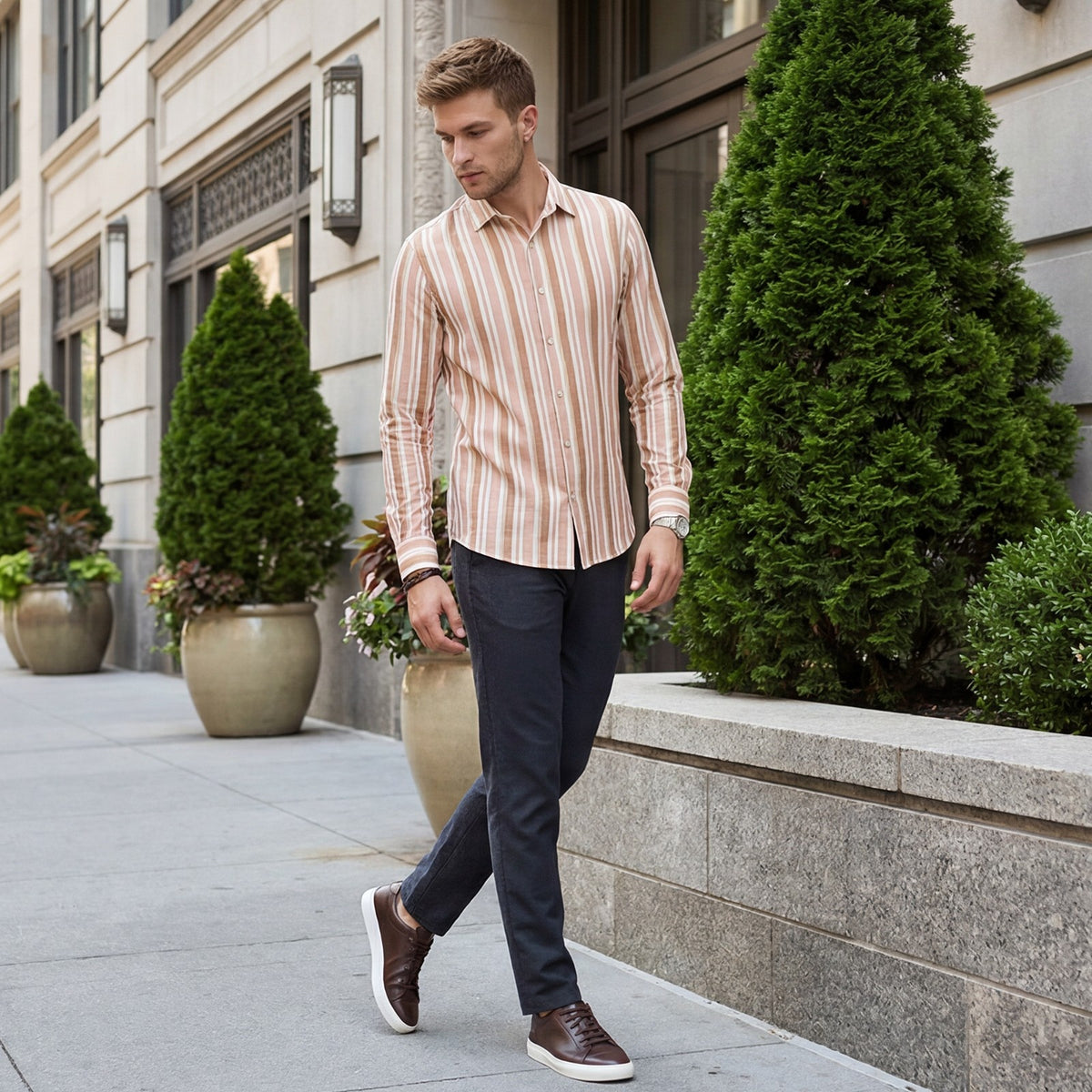 Men's Rust Striped Slim Fit Shirts