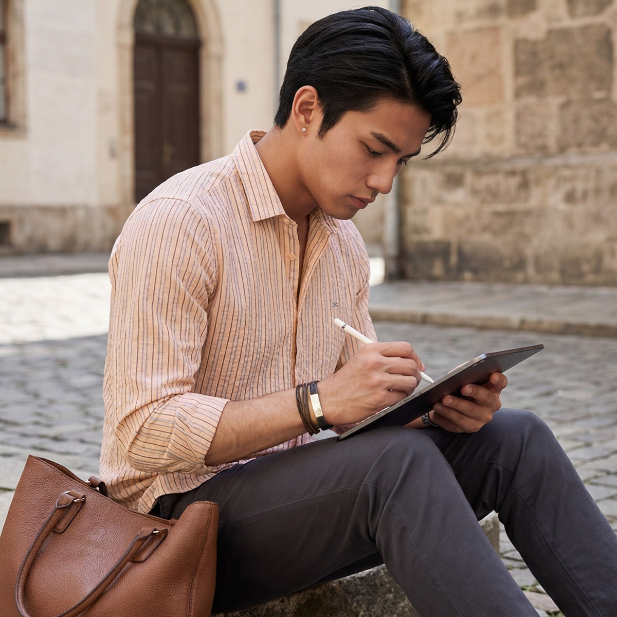 Men's Peach Stripe Slim Fit Shirts