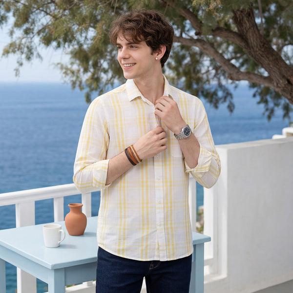 Men's Yellow Checks Slim Fit Shirts