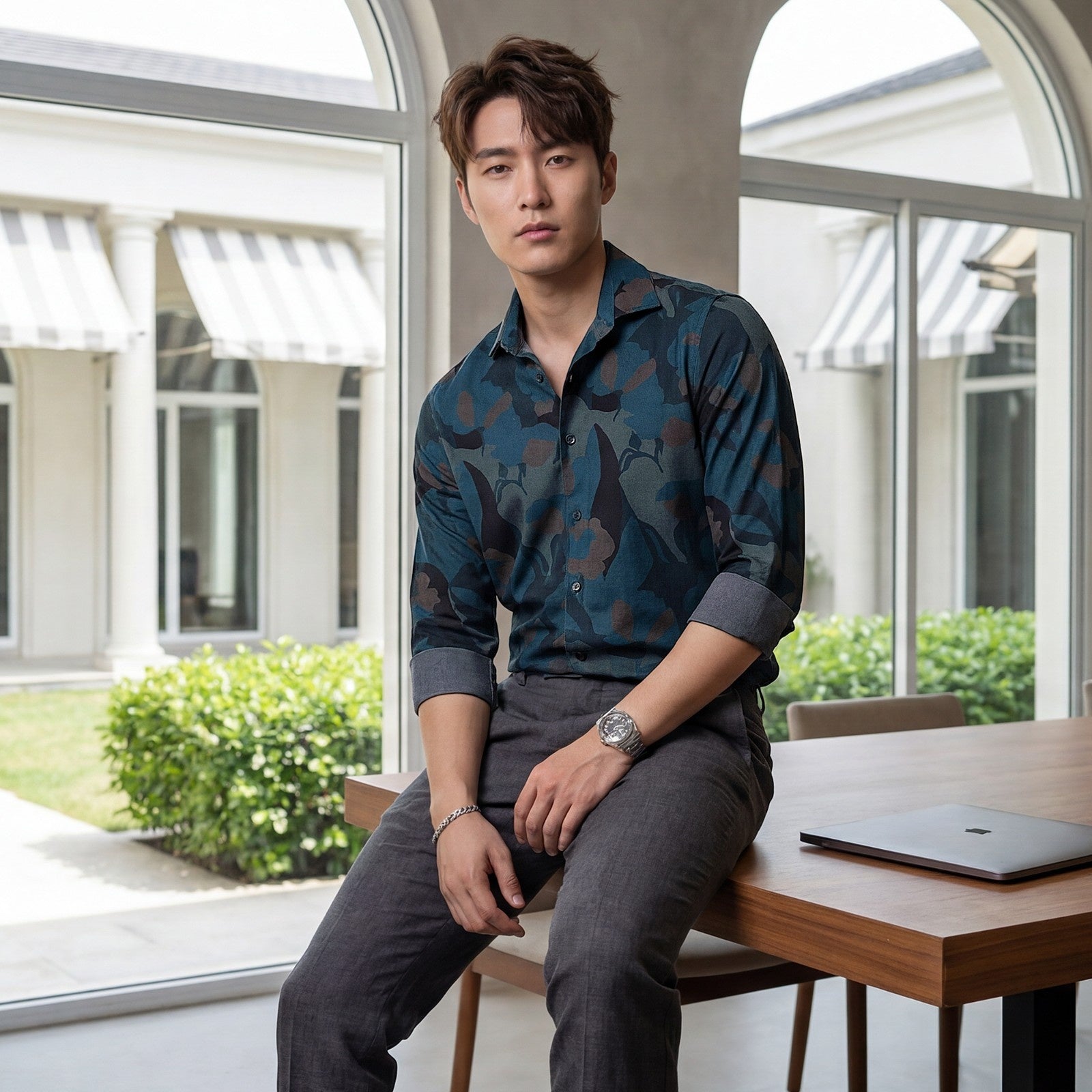 Men's Teal Printed Slim Fit Shirts