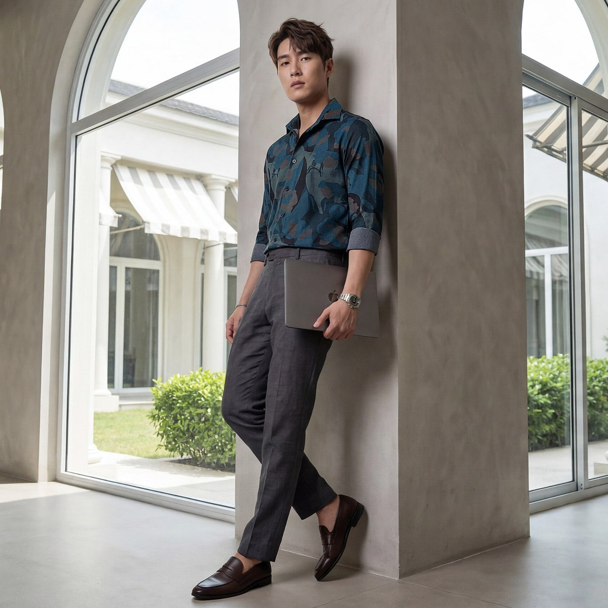 Men's Teal Printed Slim Fit Shirts