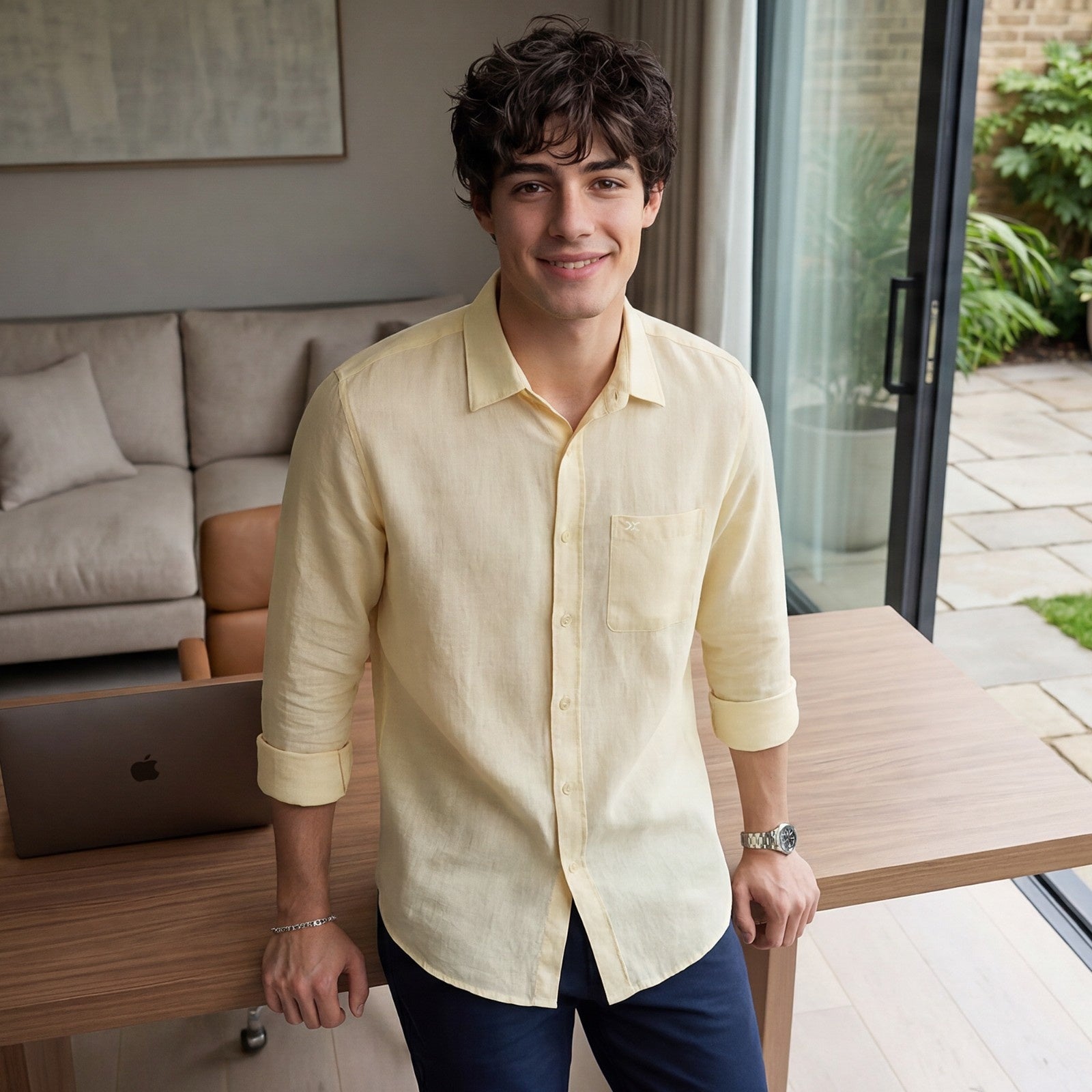 Men's Yellow Solid Slim Fit Shirts