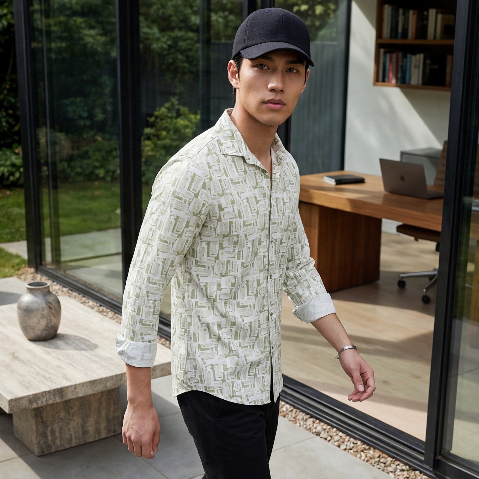 Men's Green Printed Slim Fit Shirts