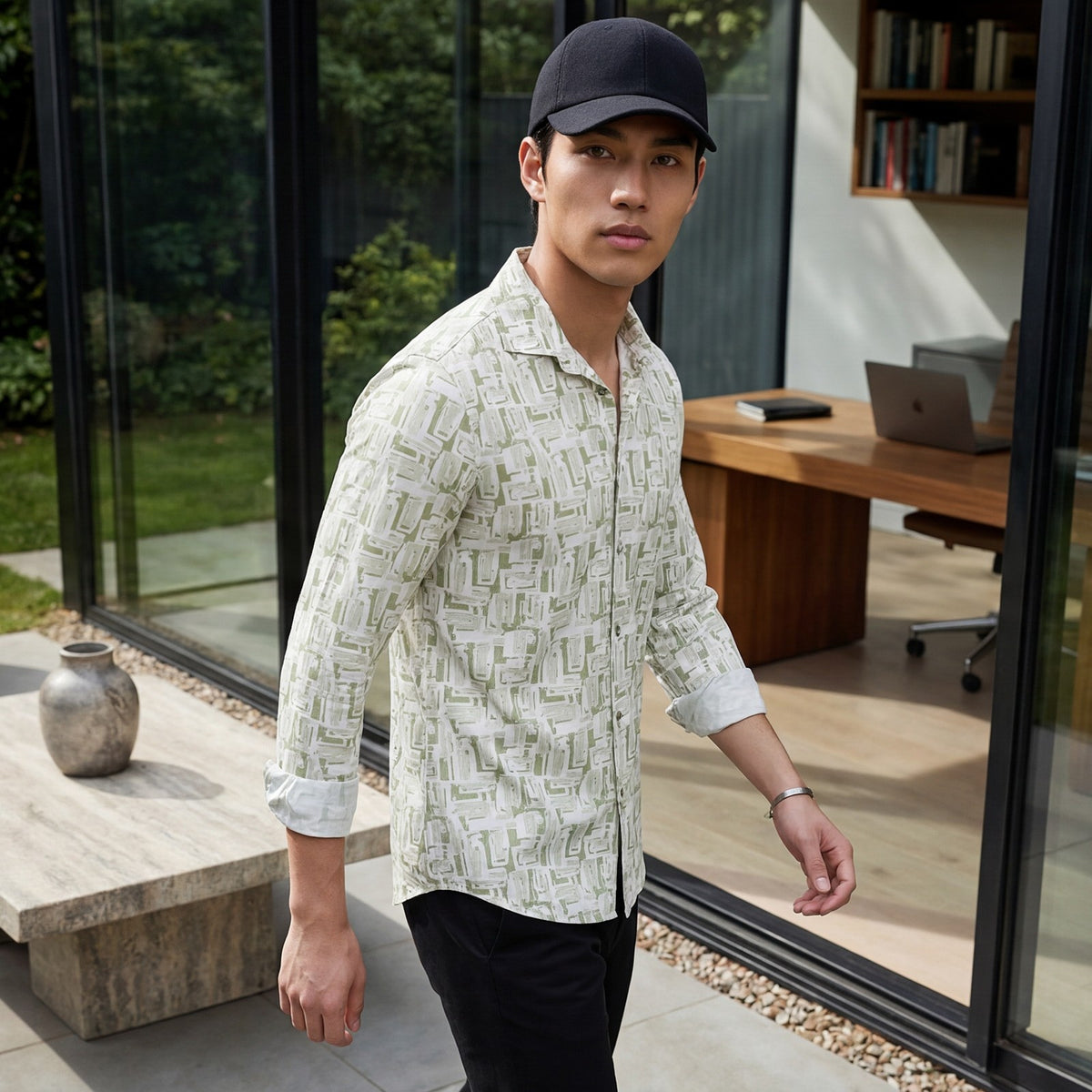 Men's Green Printed Slim Fit Shirts