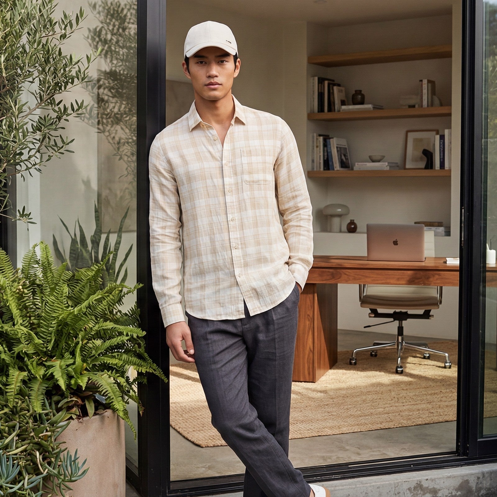 Men's Beige Checks Straight Fit Shirts