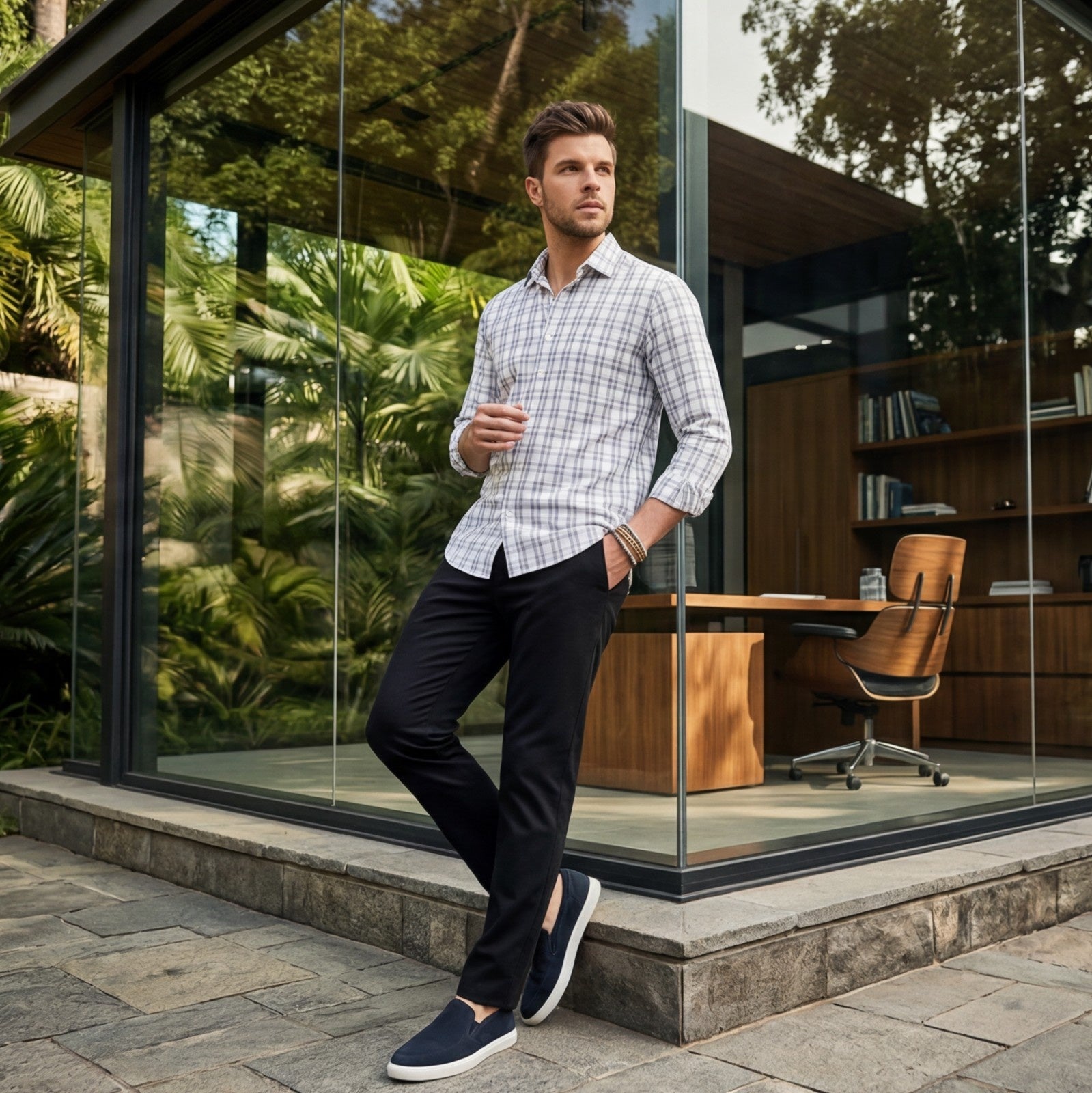 Men's Grey Checks Slim Fit Shirts