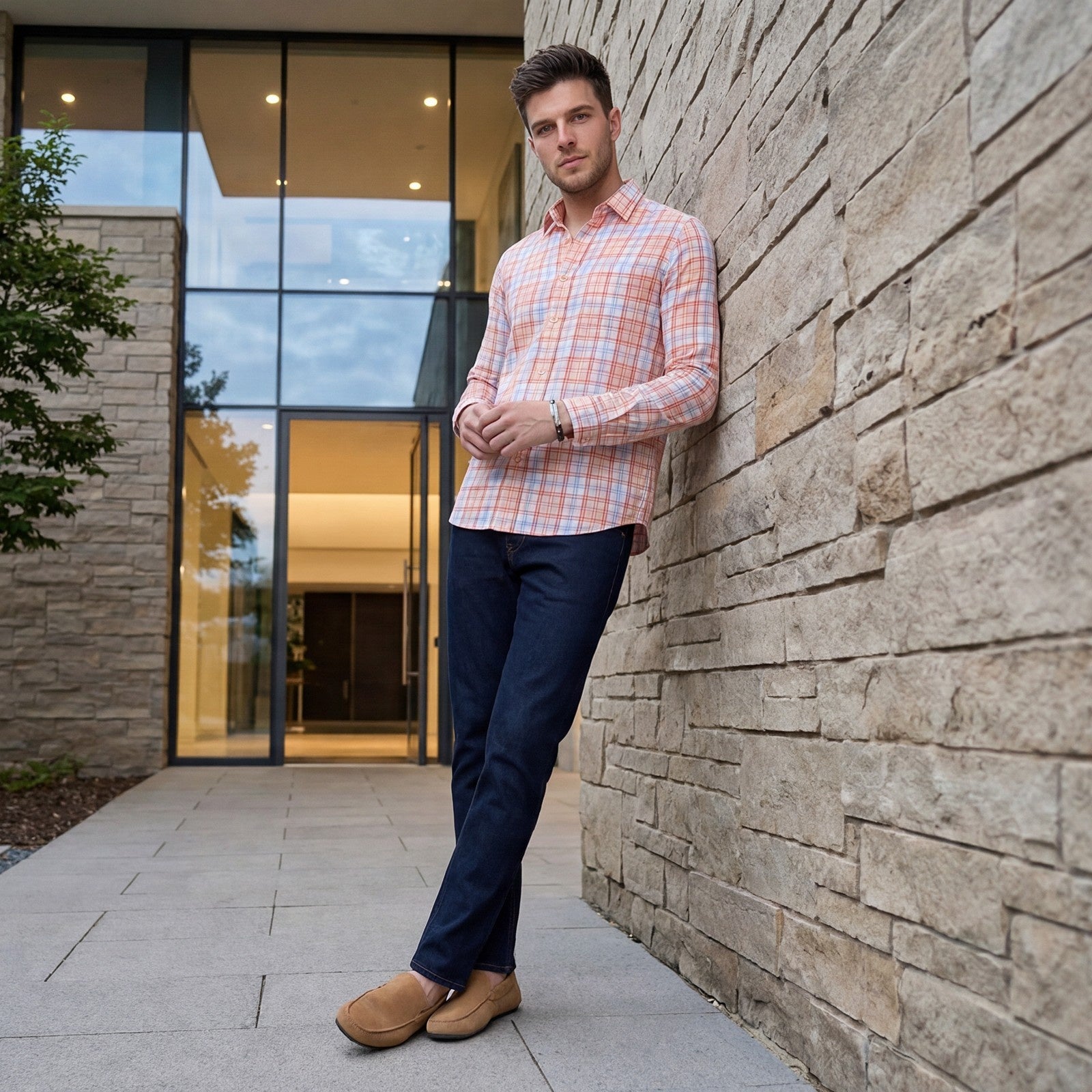 Men's Peach Checks Slim Fit Shirts