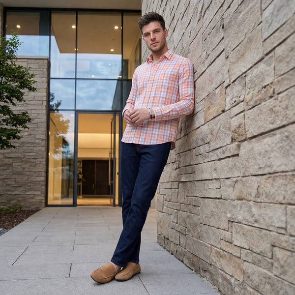 Men's Peach Checks Slim Fit Shirts