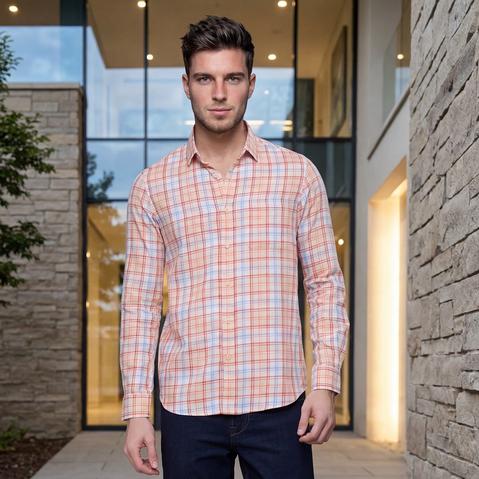Men's Peach Checks Slim Fit Shirts