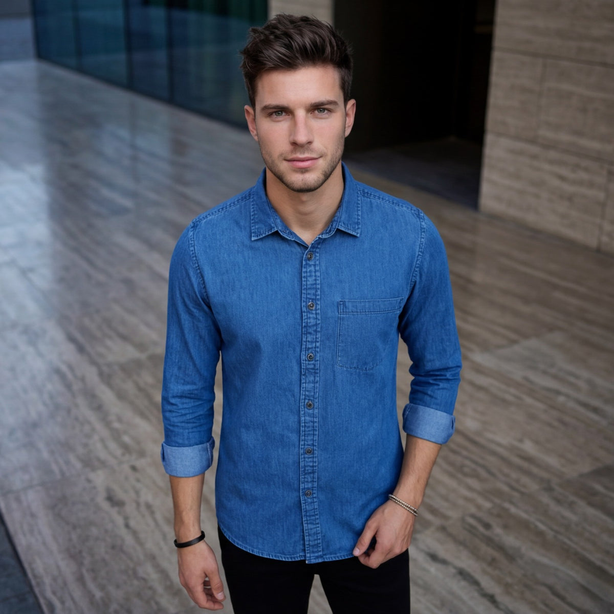 Men's Navy Blue Solid Slim Fit Shirts