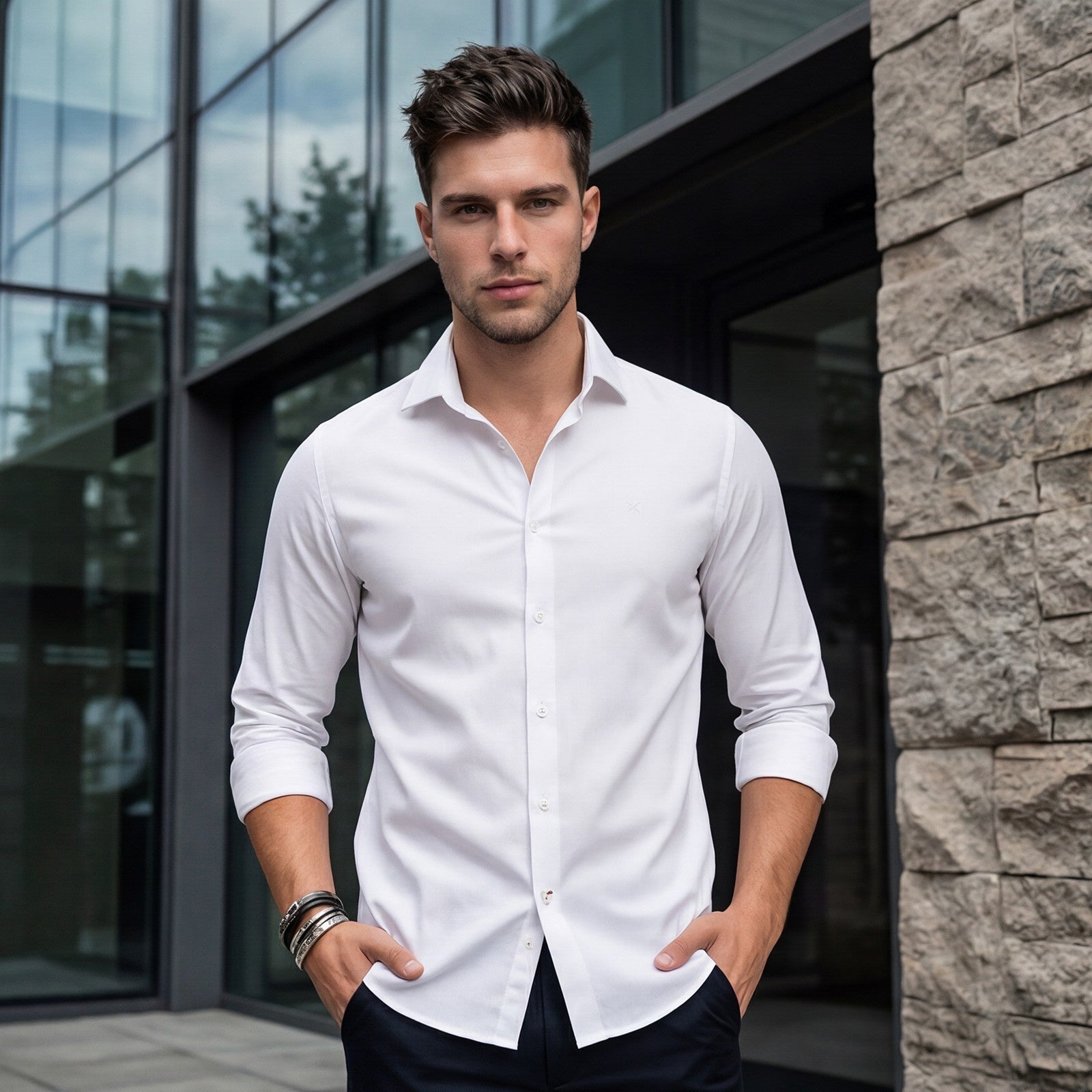 Men's White Solid Slim Fit Shirts