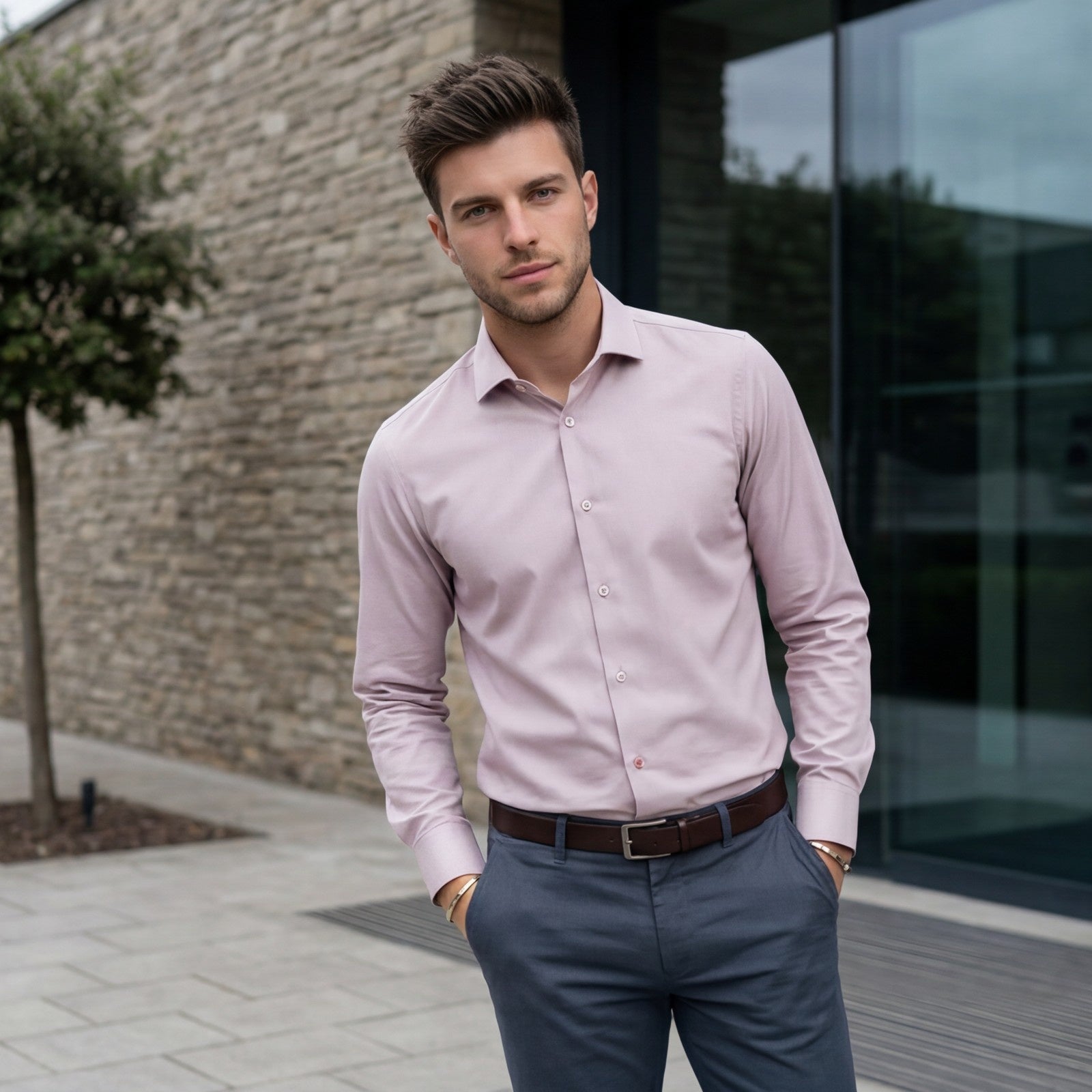Men's Pink Solid Slim Fit Shirts
