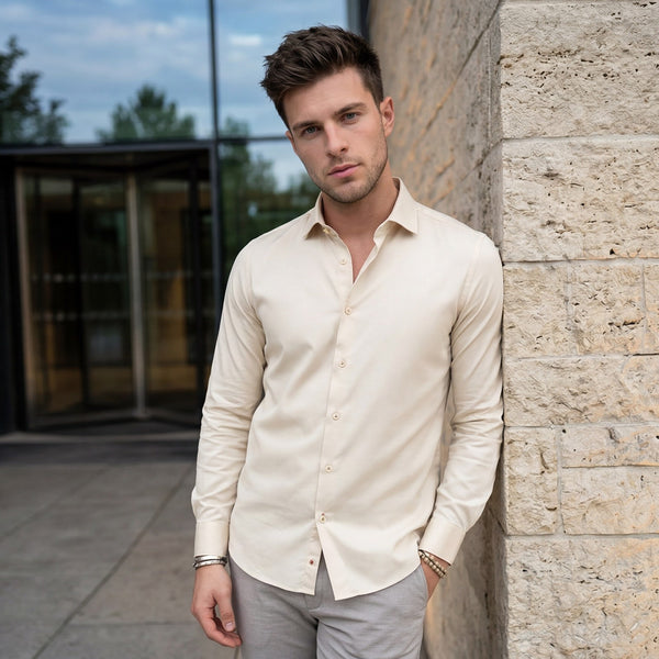 Men's Cream Solid Slim Fit Shirts
