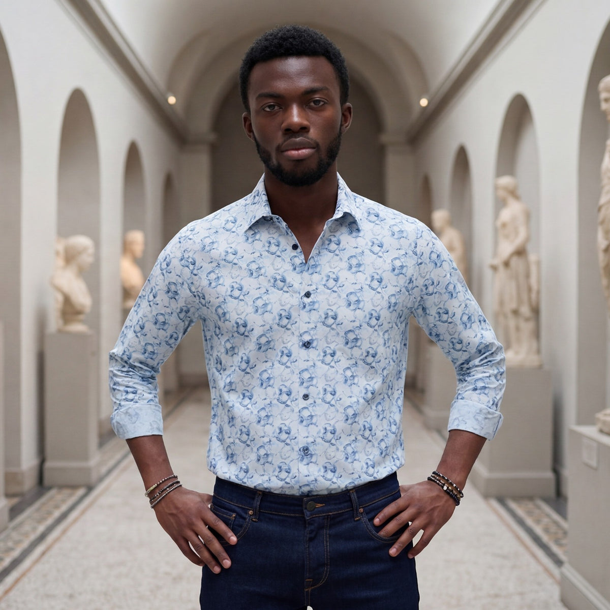 Men's Blue Printed Slim Fit Shirts