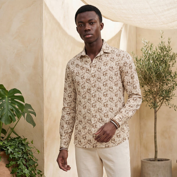 Men's Beige Printed Slim Fit Shirts